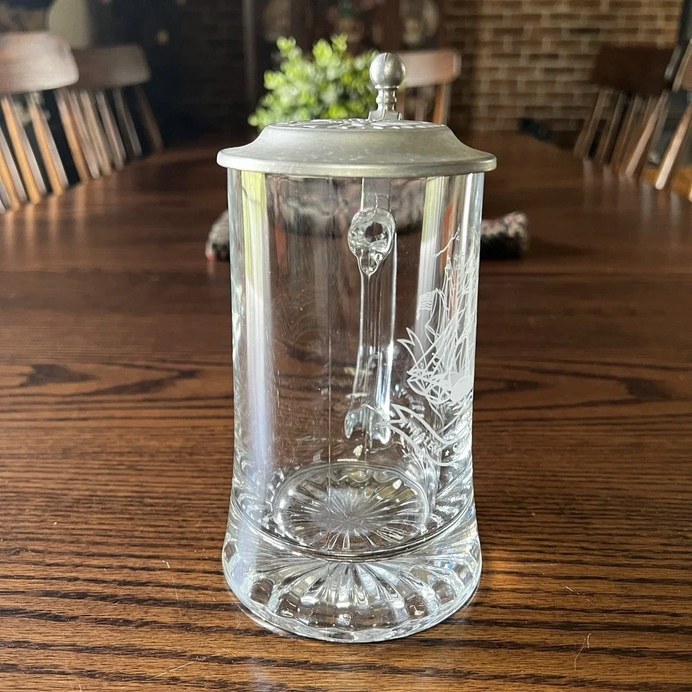 Vintage Old Spice Etched Salem Ship Glass‎ Beer Stein Metal Lidded Bar Mug 1866